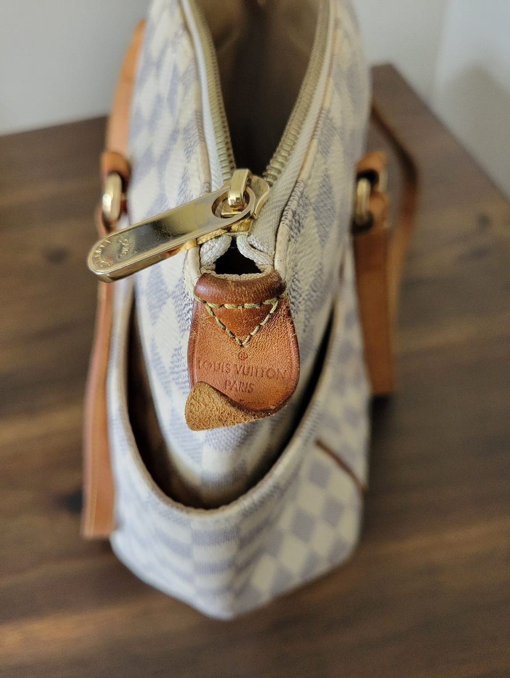 Louis Vuitton Gray & White Checkered Canvas Tote with Tan Leather Trim - Picture 6 of 15